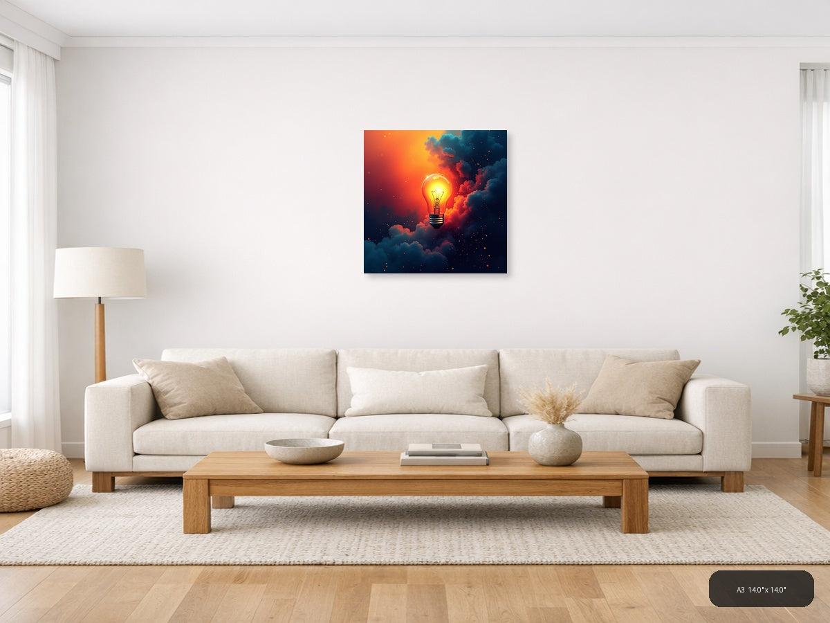 Glowing Lightbulb in Fiery Clouds | Abstract Canvas Print Wall Art — A3 (Living Room)