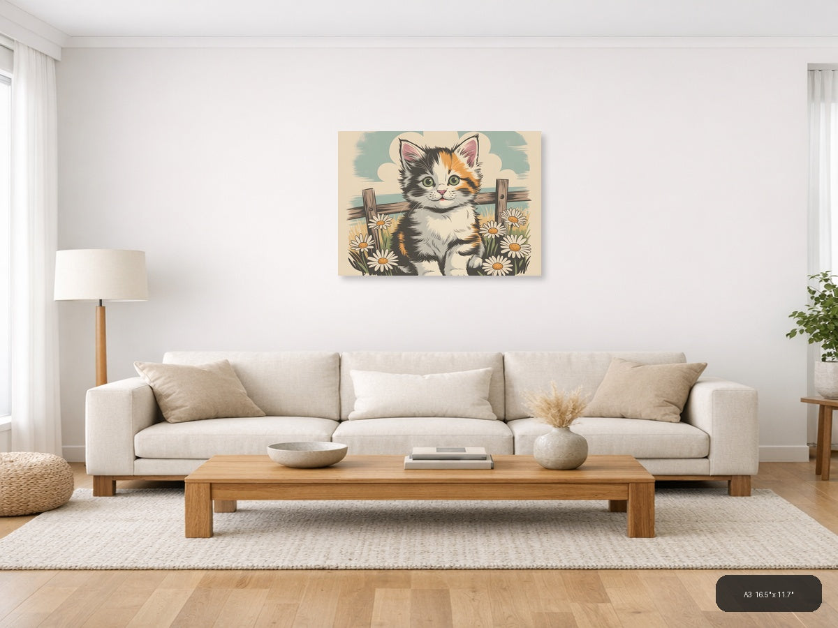 Calico Kitten with Daisies Vintage Wall Art — A3 / Living Room
