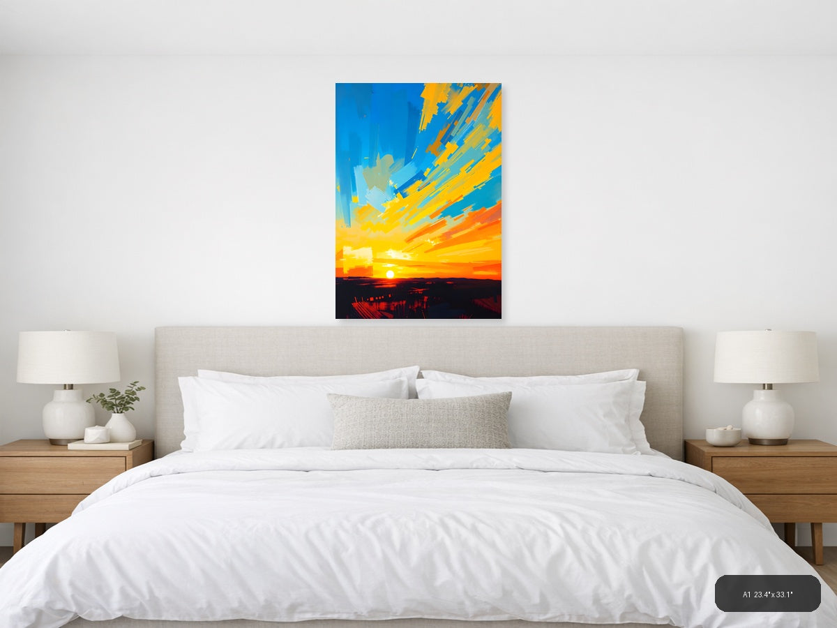 Abstract Sunrise Burst Blue Yellow Orange Wall Art — A1 / Bedroom