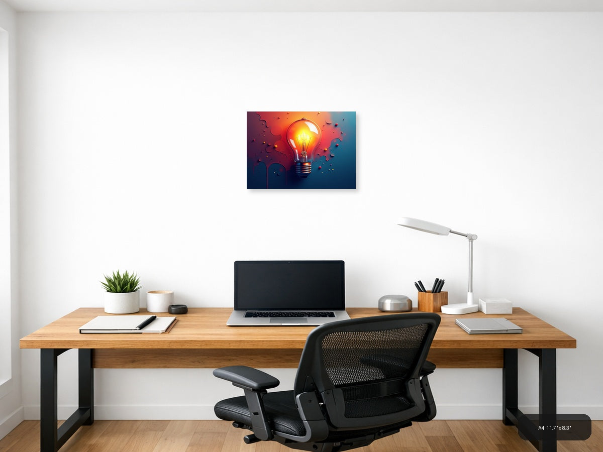 Glowing Lightbulb Abstract | Red Orange Blue Gradient Canvas Wall Art — A4 (Office)