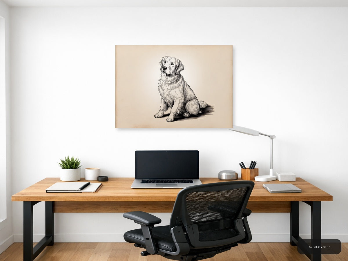 Golden Retriever Sitting Portrait Line Art Wall Art — A2 / Office