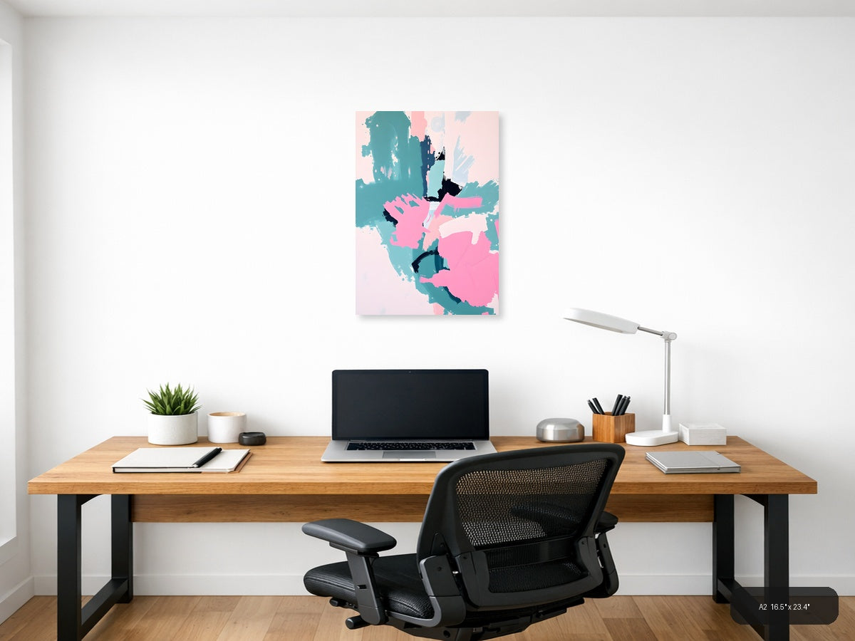 Abstract Teal Pink Black Brushstroke Map Wall Art — A2 / Office