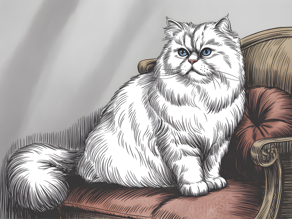 White Fluffy Cat with Blue Eyes Line Art Wall Art