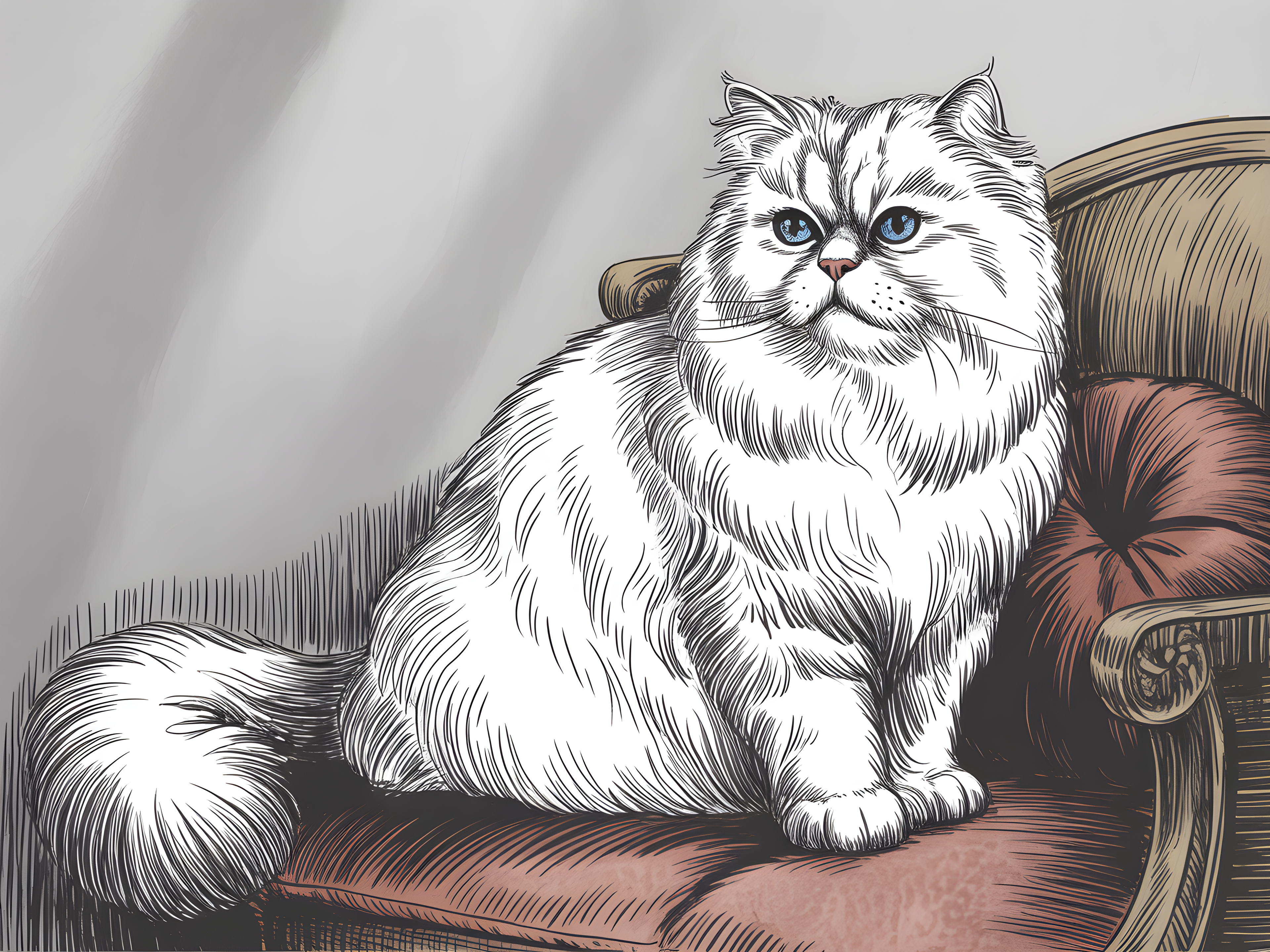 White Fluffy Cat with Blue Eyes Line Art Wall Art