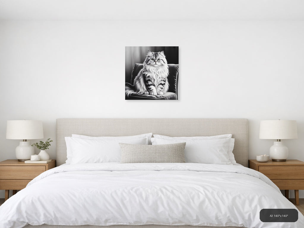 Majestic Fluffy Cat Portrait Black and White Wall Art — A3 / Bedroom