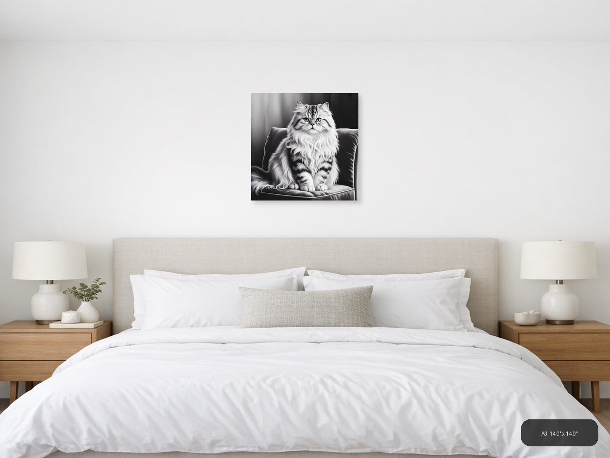 Majestic Fluffy Cat Portrait Black and White Wall Art — A3 / Bedroom