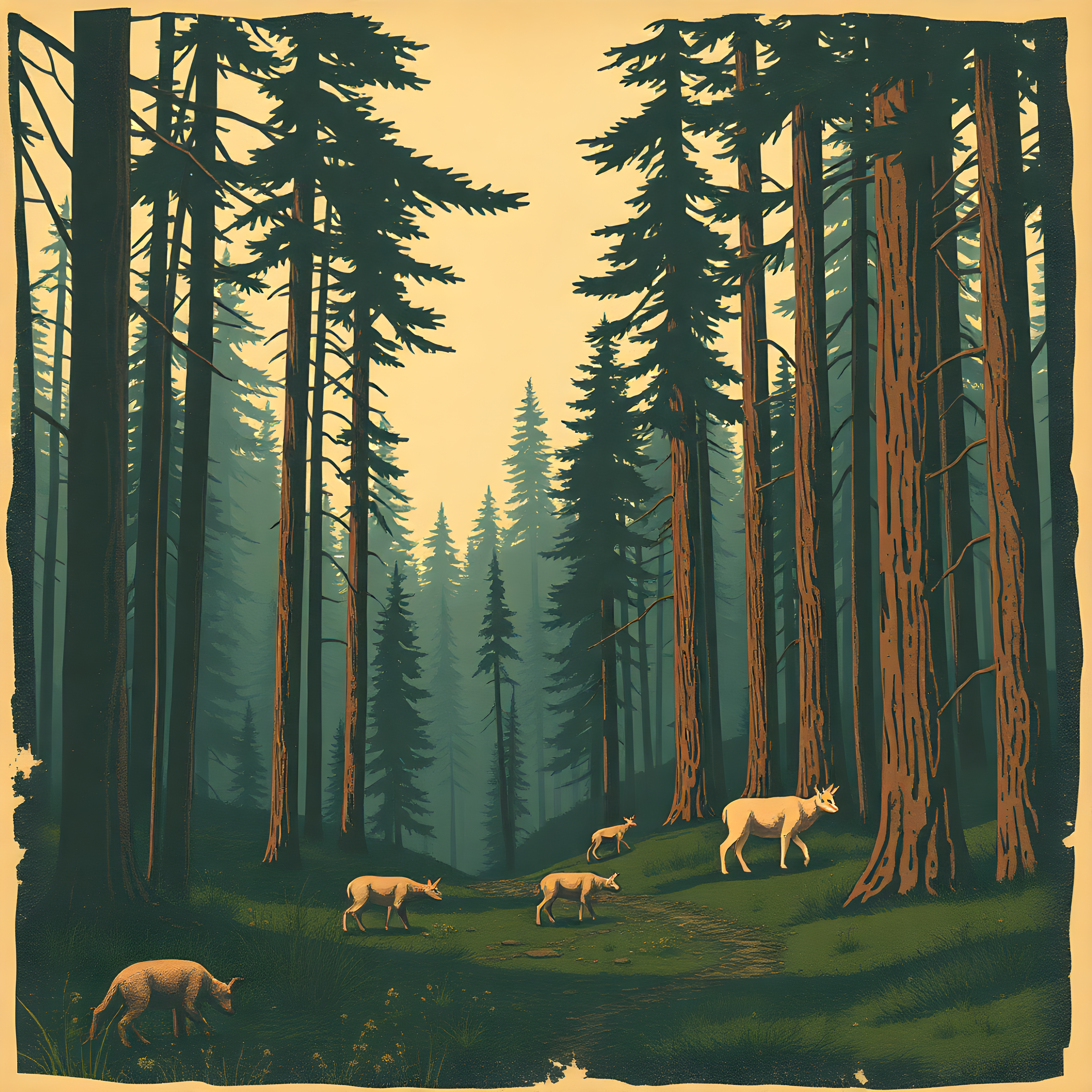 Vintage Forest Deer Valley Landscape Wall Art