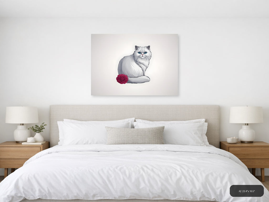 White Fluffy Cat with Blue Eyes and Rose - Minimalist Wall Art — A2 / Bedroom