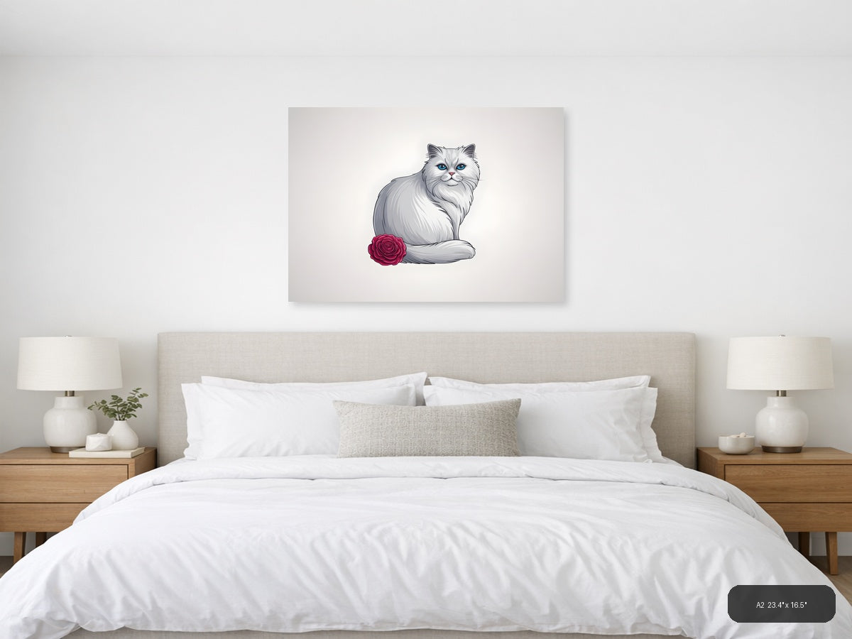 White Fluffy Cat with Blue Eyes and Rose - Minimalist Wall Art — A2 / Bedroom