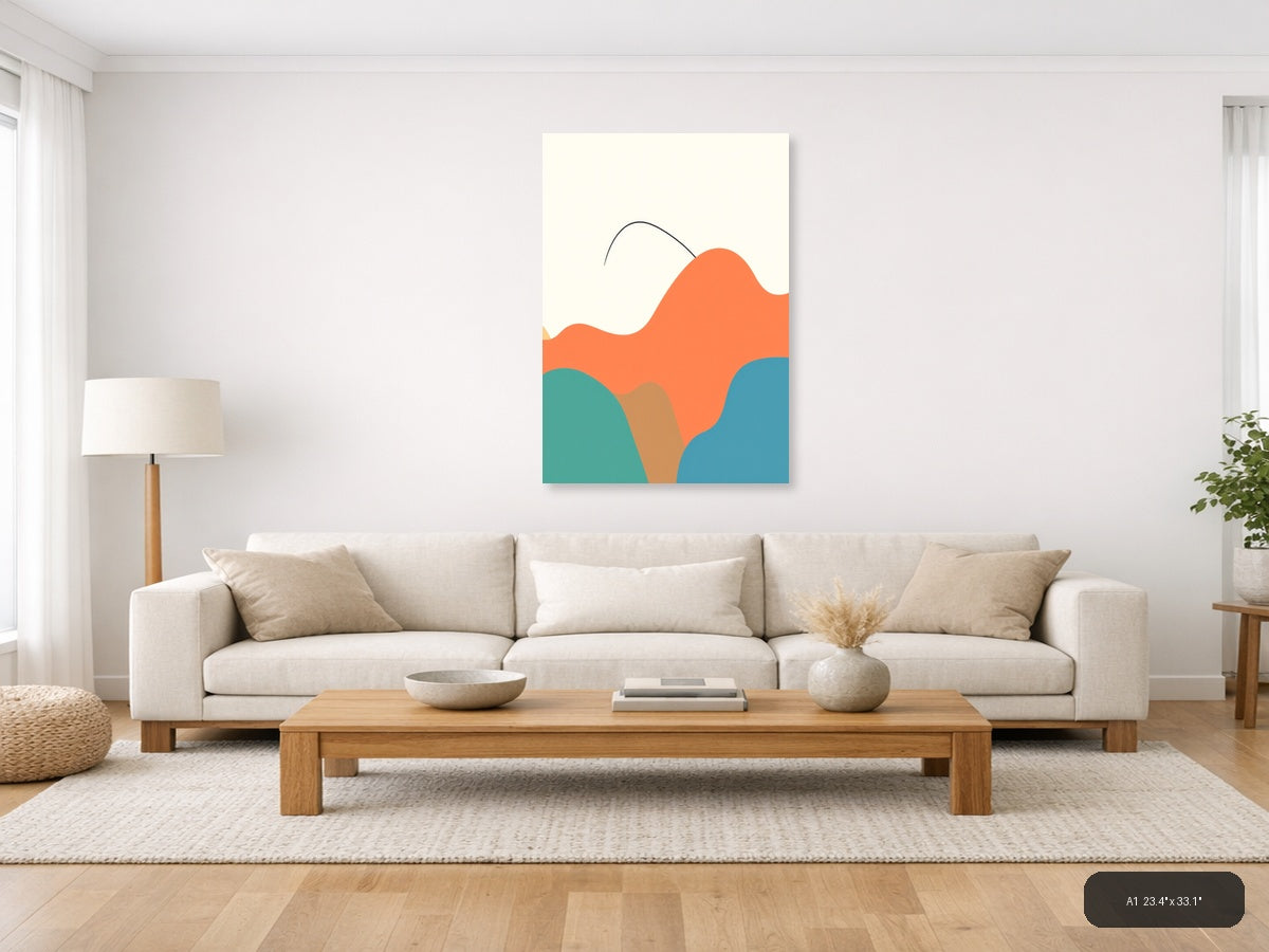 Minimalist Abstract Waves in Coral, Teal & Blue Wall Art — A1 / Living Room