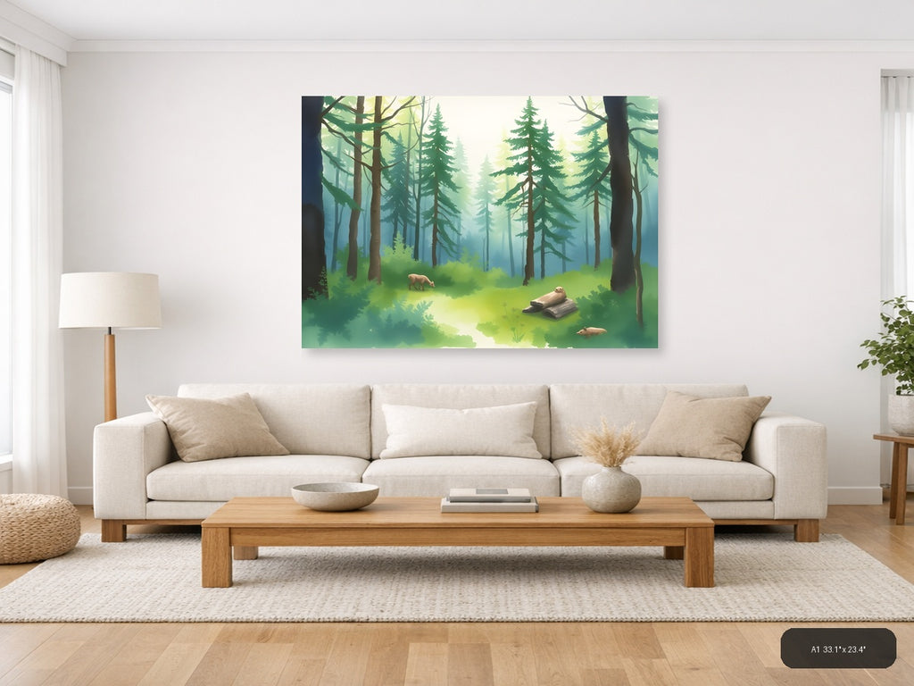 Misty Forest Stream with Wildlife Watercolor Wall Art — A1 / Living Room