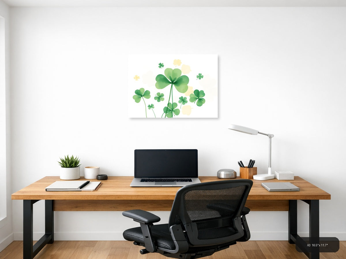 Lucky Four Leaf Clovers Watercolor Botanical Wall Art — A3 / Office