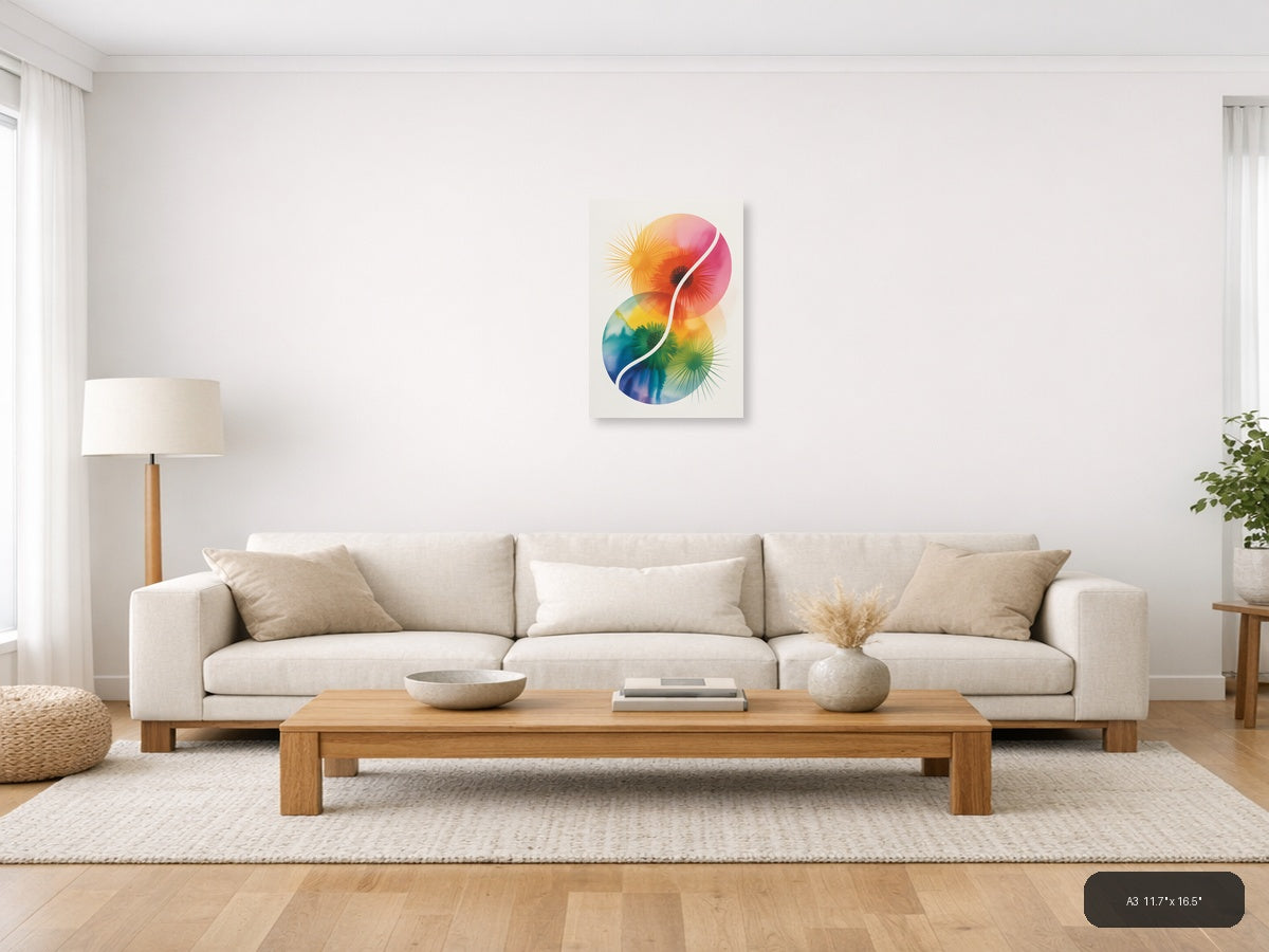 Rainbow Yin Yang Watercolor Floral Wall Art — A3 / Living Room