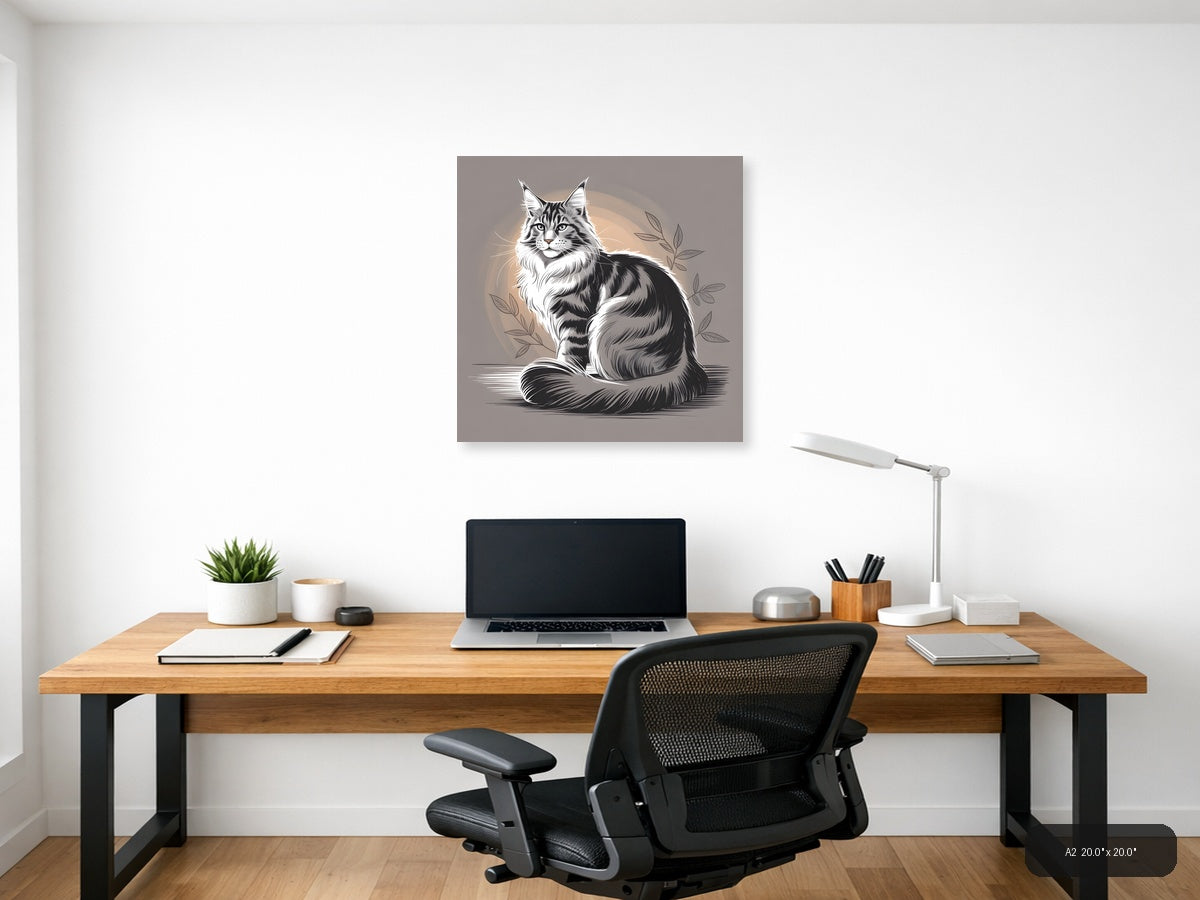 Maine Coon Cat Line Art Portrait Wall Art — A2 / Office