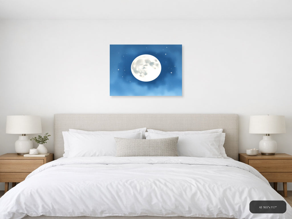 Full Moon Night Sky Watercolor Wall Art — A3 / Bedroom