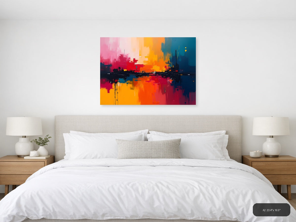 Vibrant Abstract Cityscape Sunset Reflection Wall Art — A2 / Bedroom