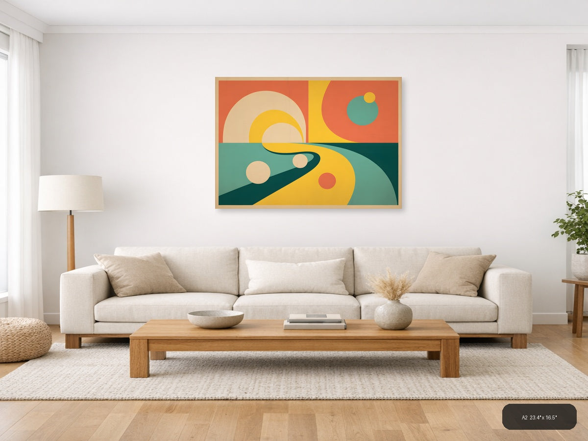 Vintage Retro Sun and Planets Landscape Wall Art — A2 / Living Room