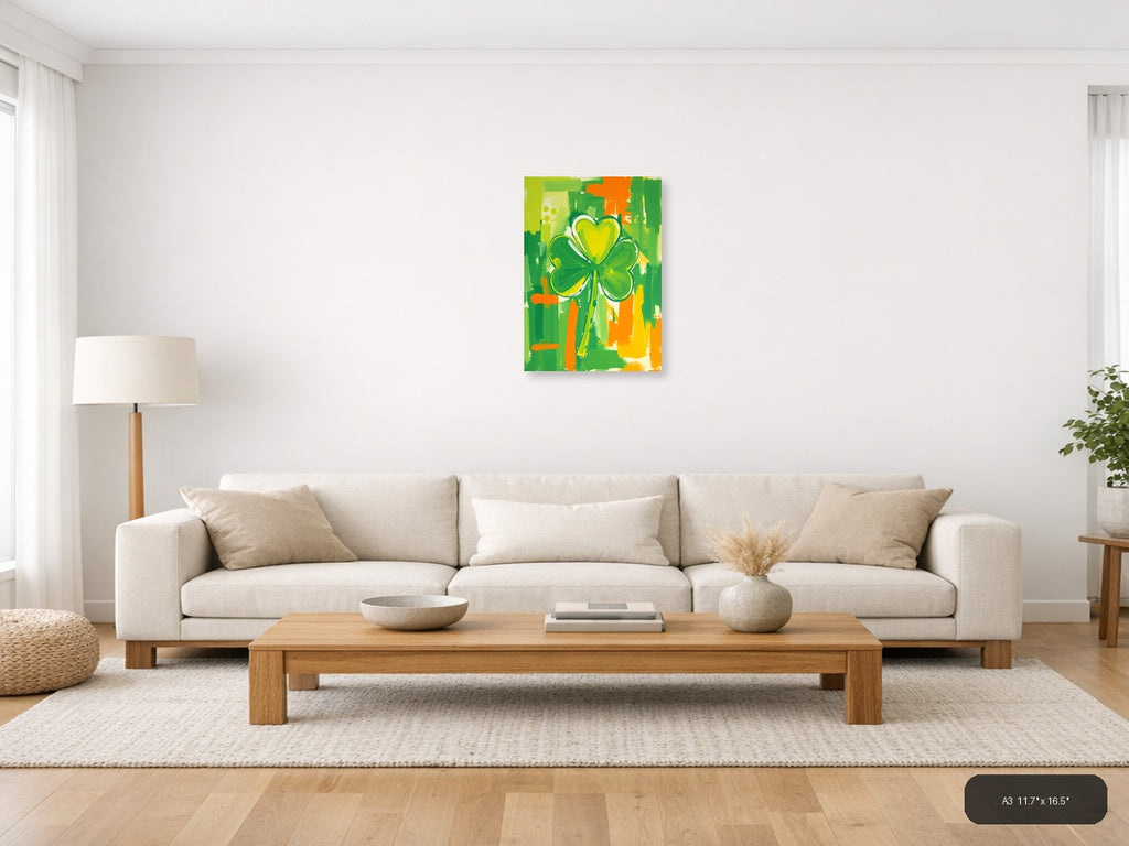 Abstract Four Leaf Clover with Heart - Green Wall Art — A3 / Living Room