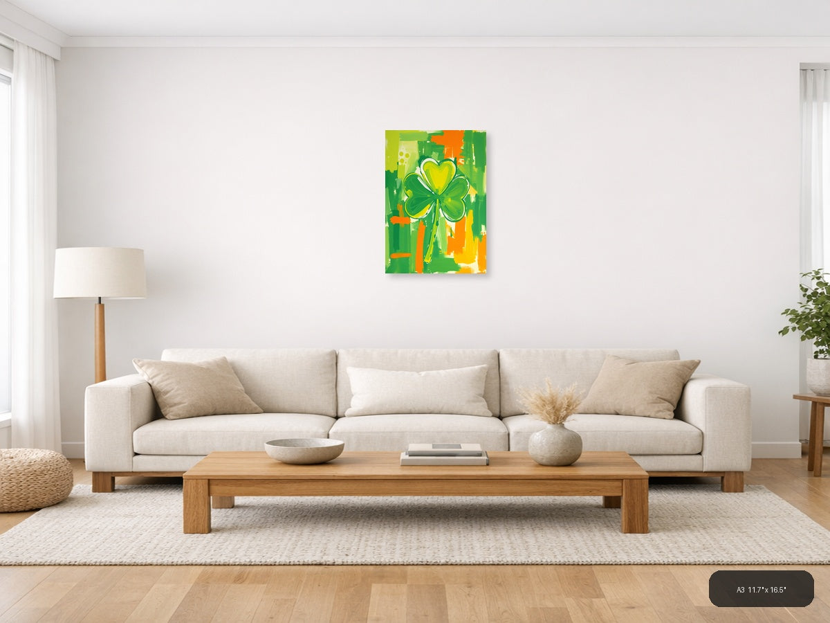 Abstract Four Leaf Clover with Heart - Green Wall Art — A3 / Living Room