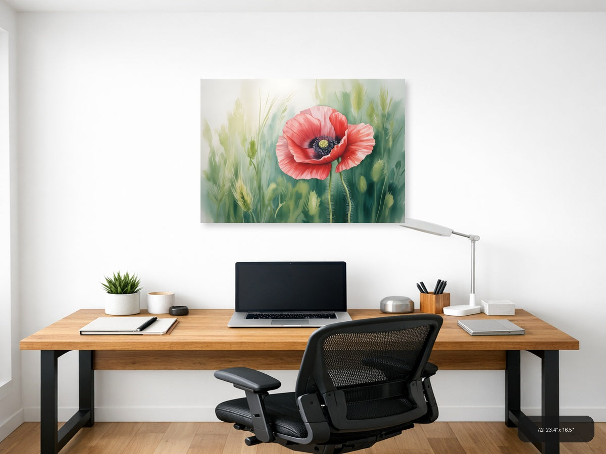 Red Poppy Watercolor Flower with Wheat Field Wall Art — A2 / Office