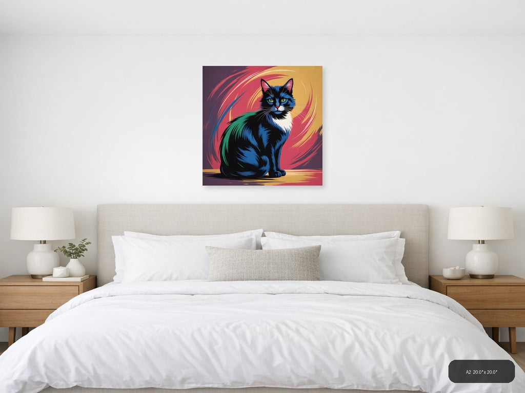 Colorful Abstract Cat Portrait with Green Eyes Wall Art — A2 / Bedroom