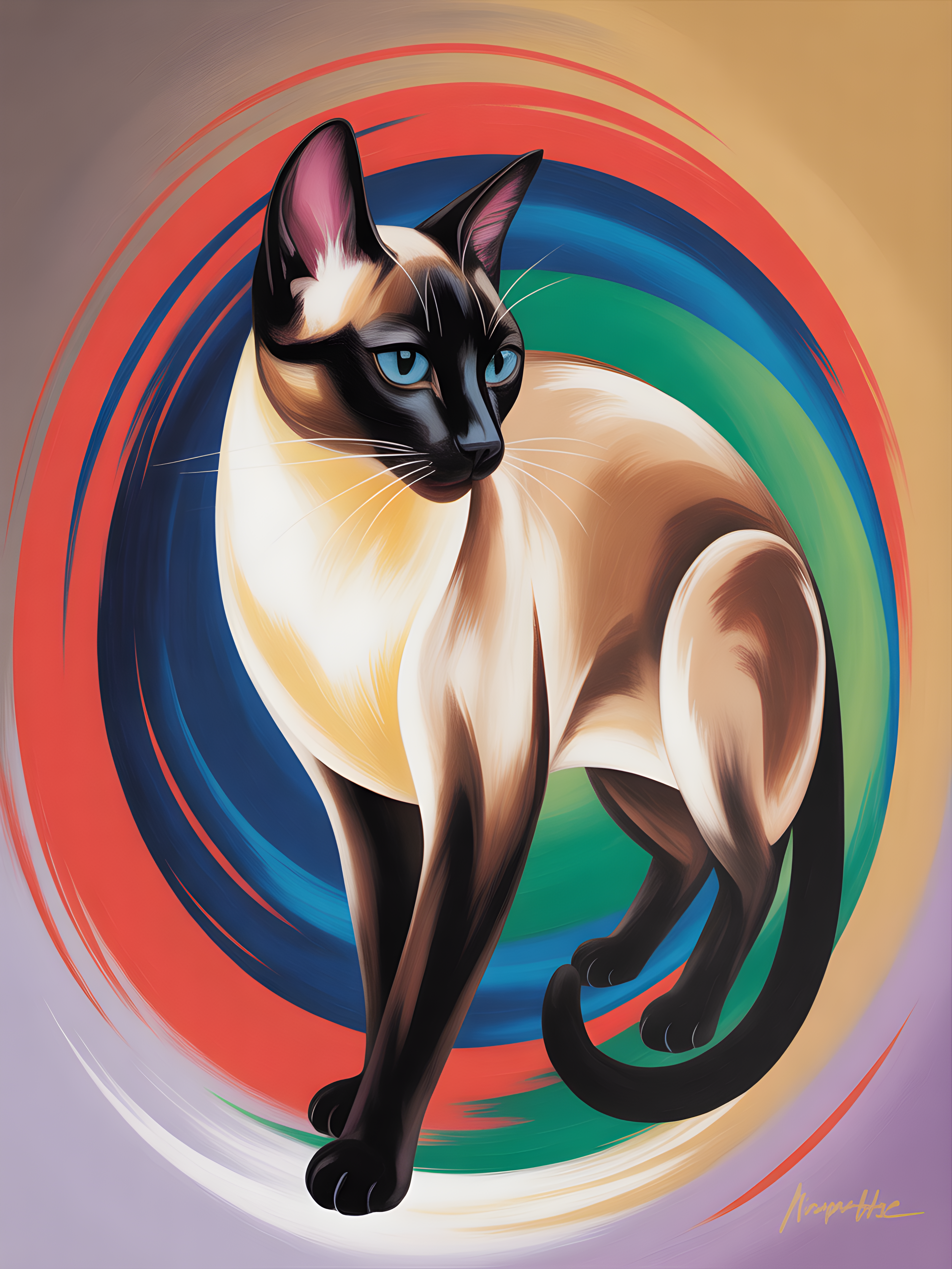 Siamese Cat Abstract Rainbow Swirl Portrait Wall Art
