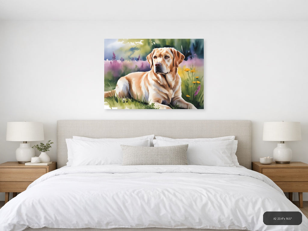 Golden Labrador in Wildflower Meadow Watercolor Wall Art — A2 / Bedroom