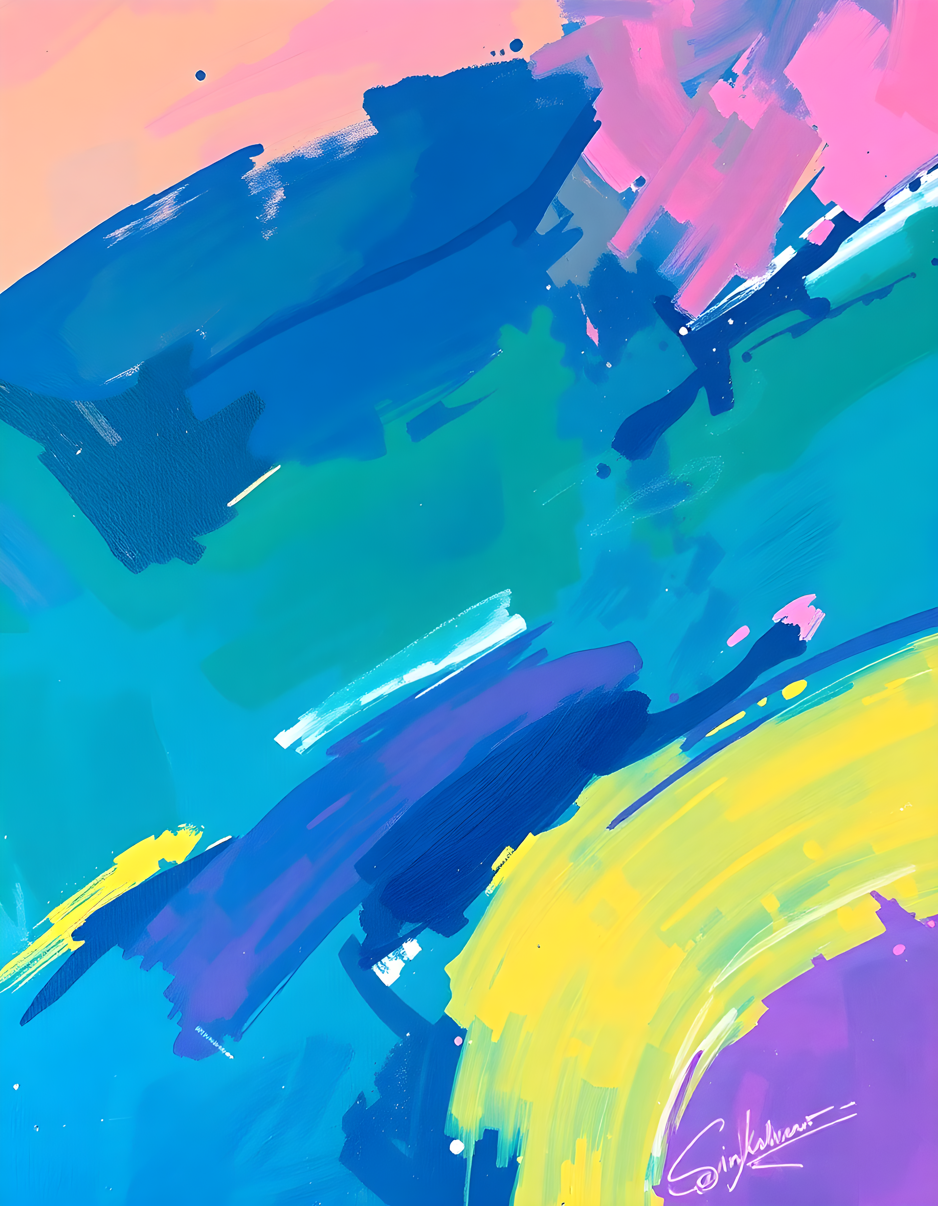 Vibrant Abstract Brushstrokes Neon Blue Pink Yellow Wall Art