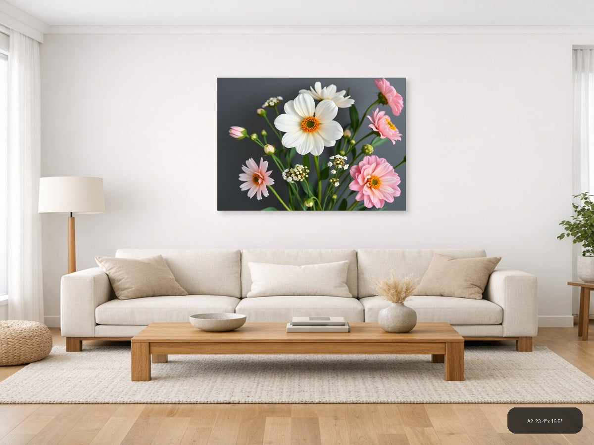 White Daisy & Pink Gerbera Minimalist Flower Wall Art — A2 / Living Room