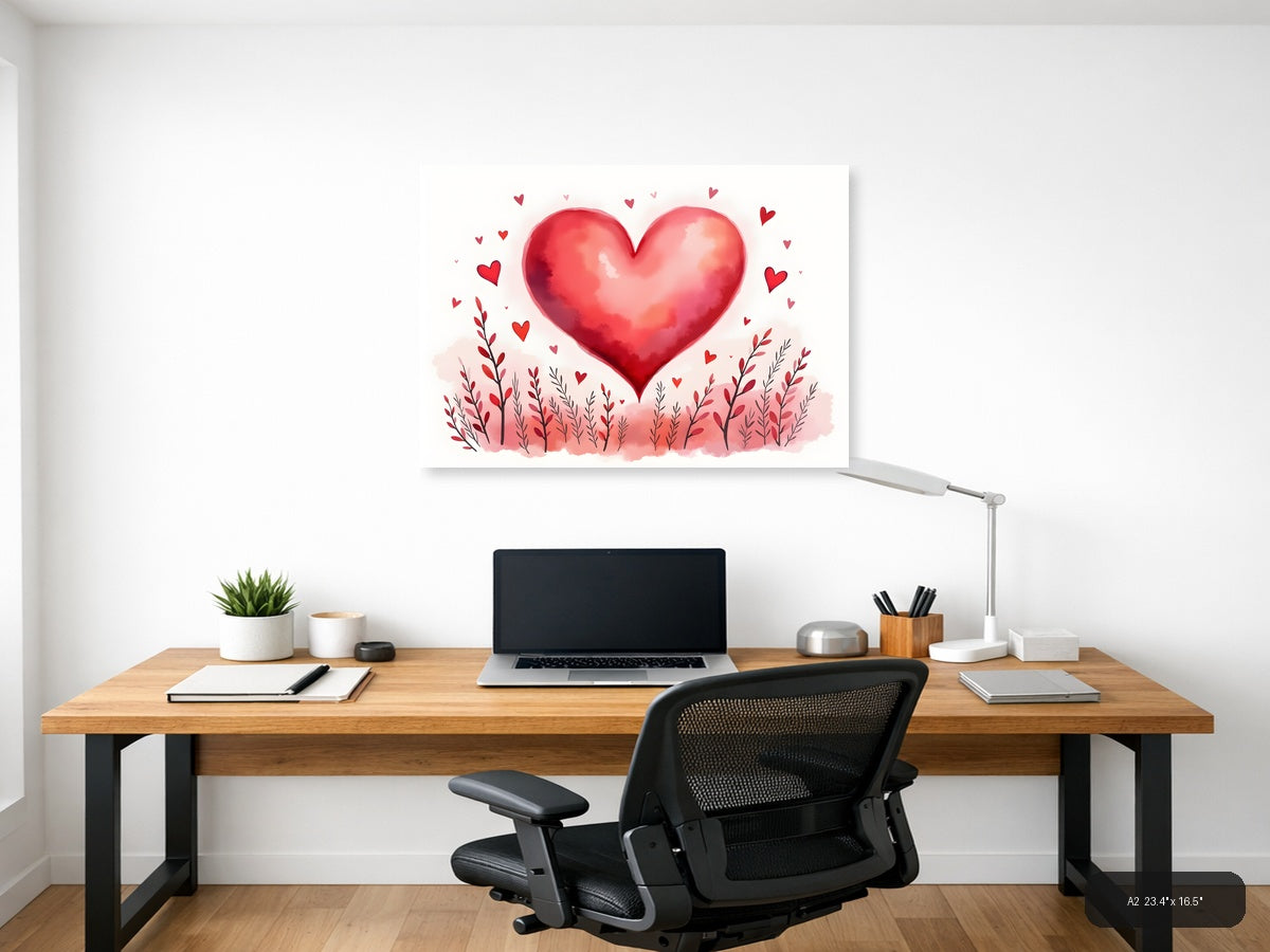 Red Watercolor Heart with Floral Field Wall Art — A2 / Office