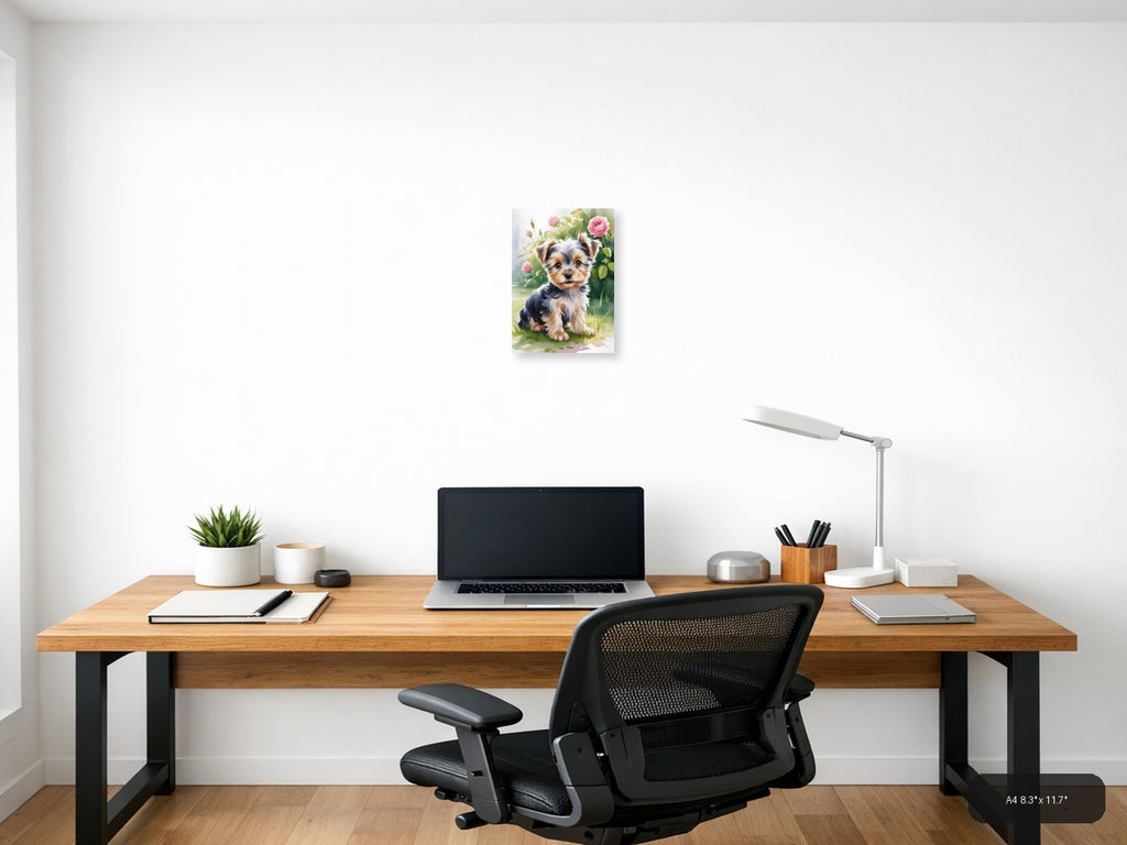 Adorable Puppy with Pink Roses Watercolor Wall Art — A4 / Office