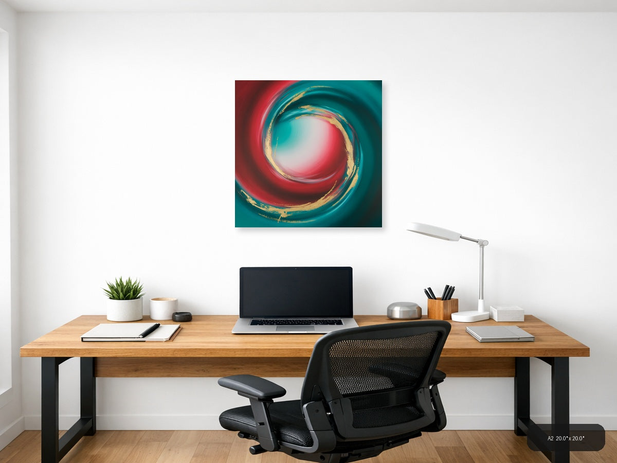 Teal Red Gold Spiral Abstract Modern Wall Art — A2 / Office