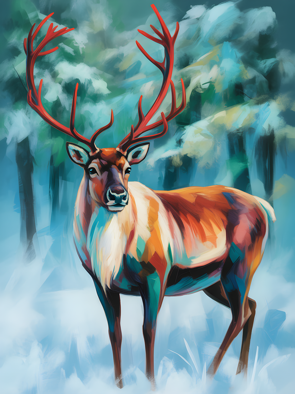 Majestic Red Deer Abstract Winter Forest Wall Art