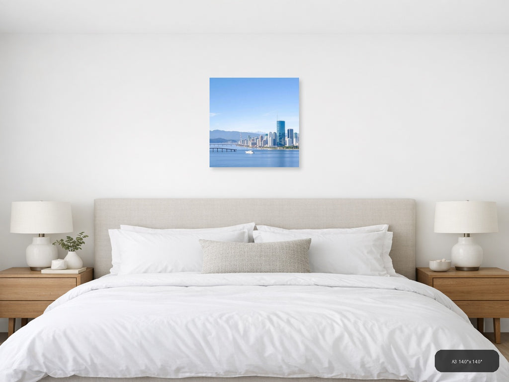 Vancouver Skyline Blue Water Mountains Minimalist Wall Art — A3 (Bedroom)