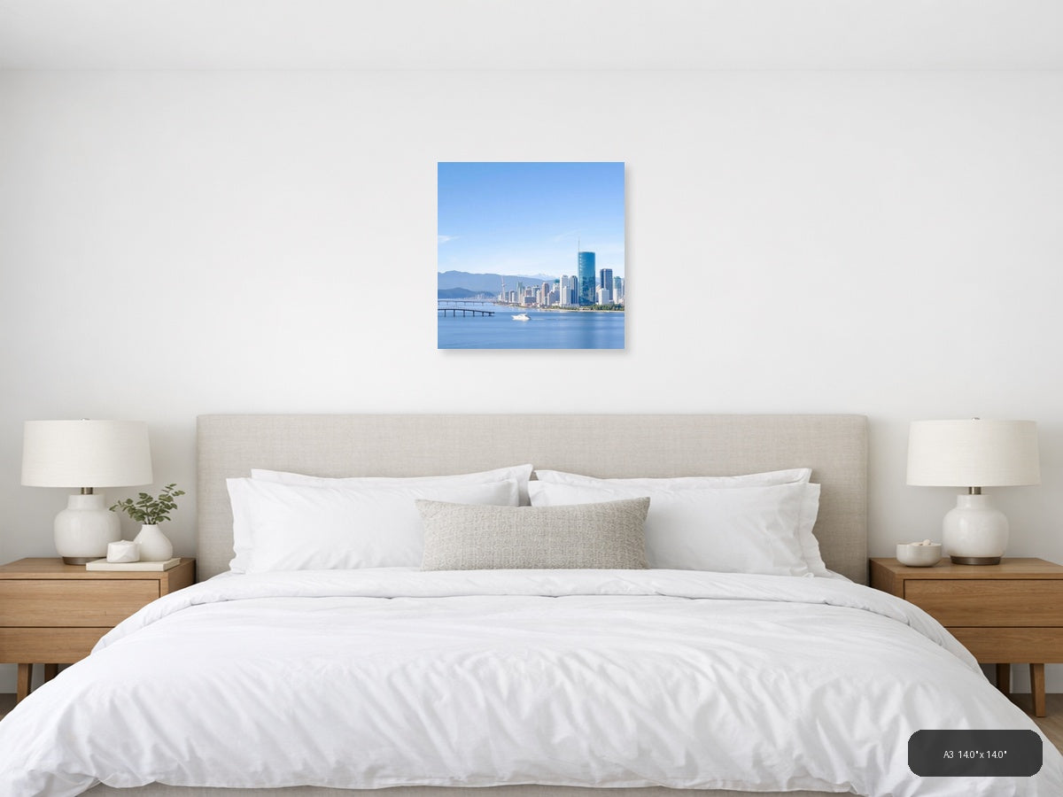 Vancouver Skyline Blue Water Mountains Minimalist Wall Art — A3 (Bedroom)