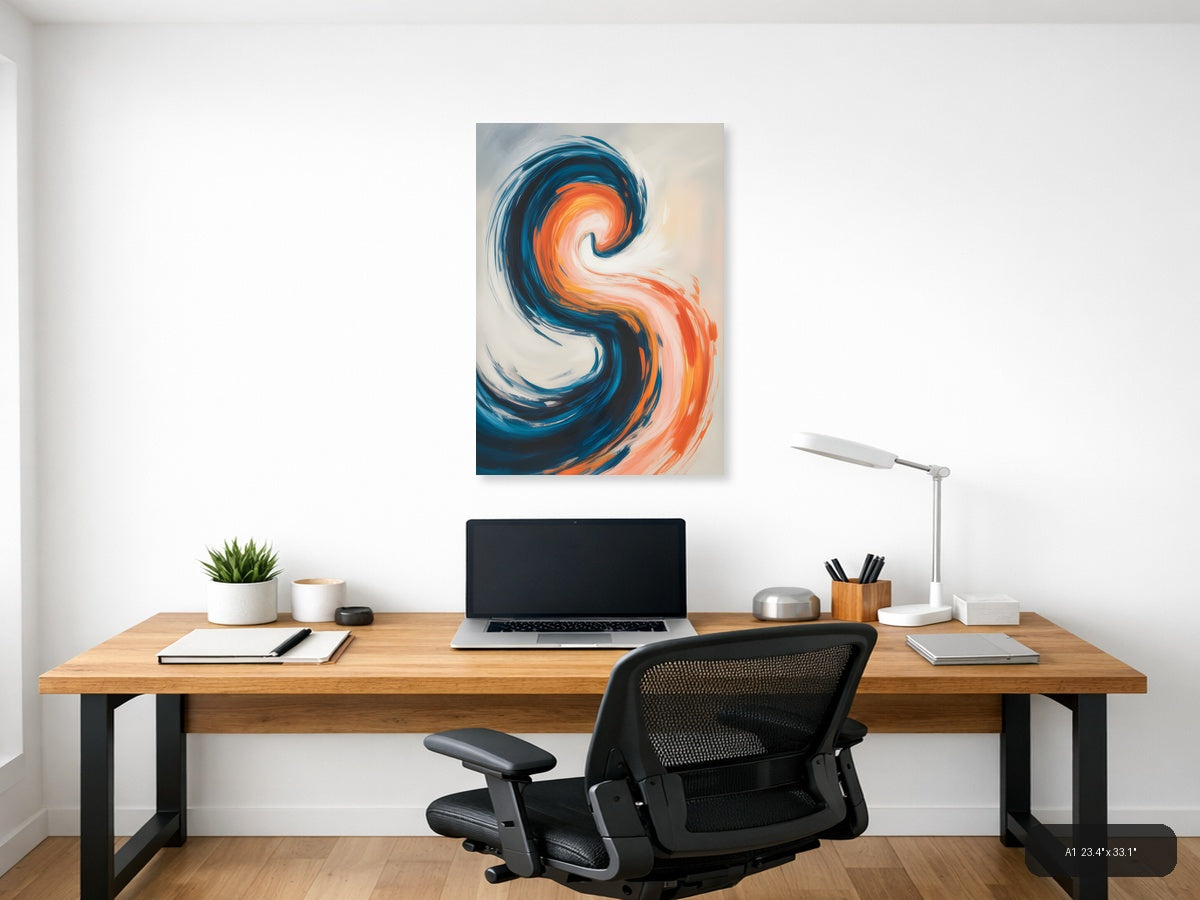 Blue and Orange Abstract Swirl Modern Wall Art — A1 / Office