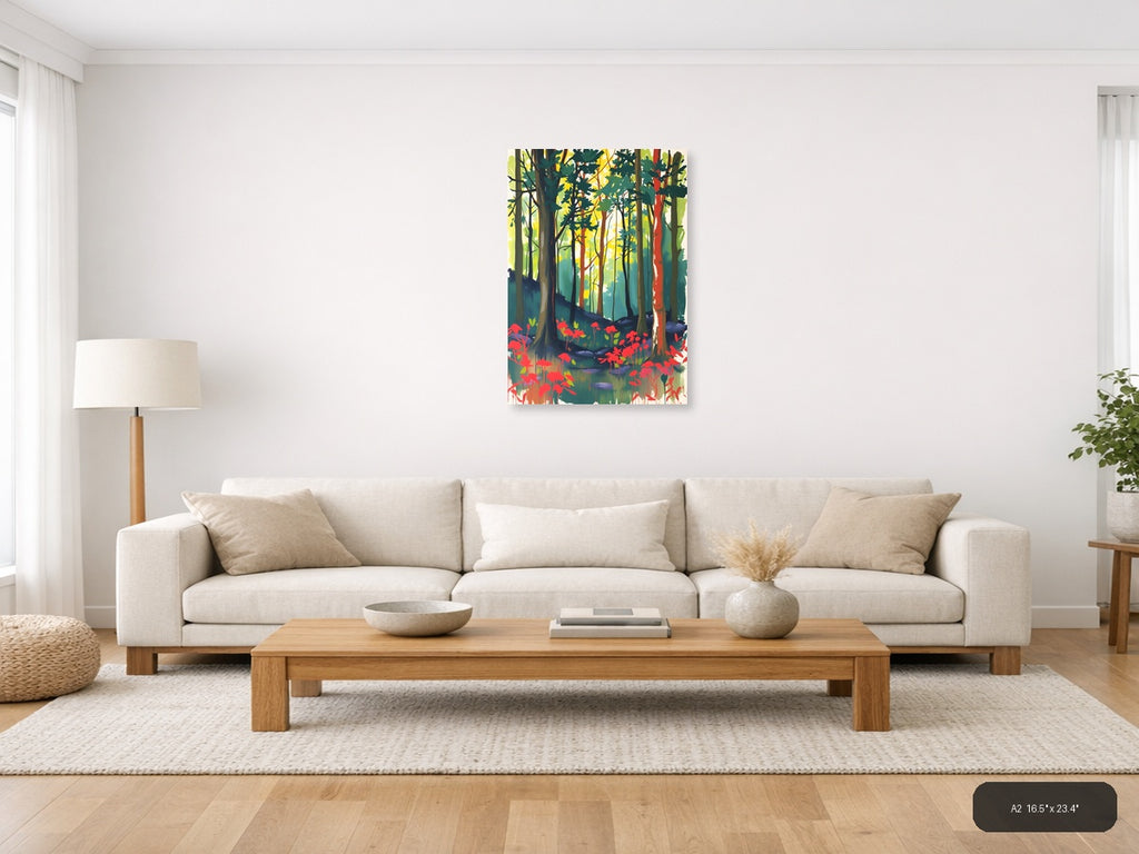 Forest Path with Red Flowers Abstract Wall Art — A2 / Living Room