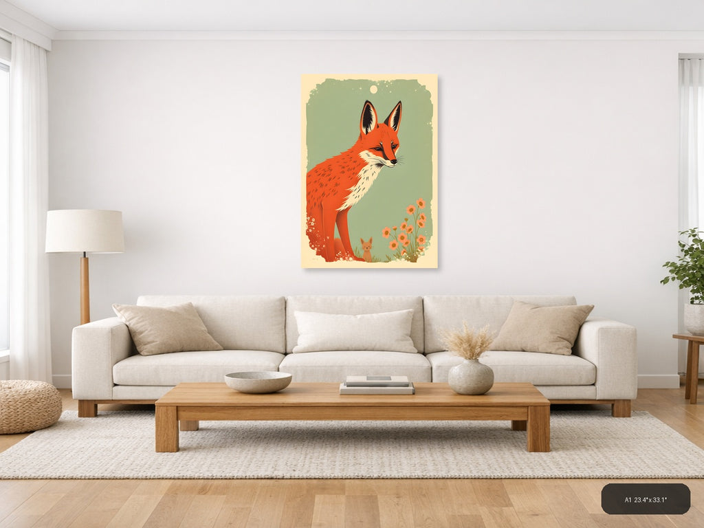 Vintage Red Fox with Kitten and Flowers Wall Art — A1 / Living Room