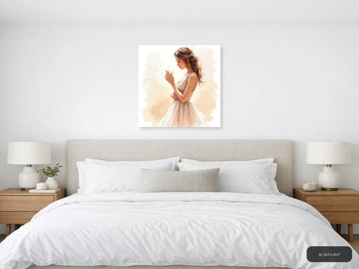Woman with Yellow Flower Watercolor Portrait Wall Art — A2 / Bedroom