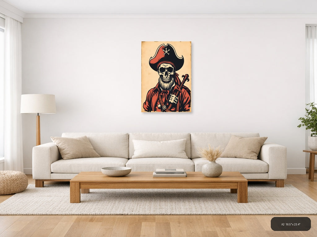 Vintage Pirate Skull Crossbones Red Black Wall Art — A2 / Living Room