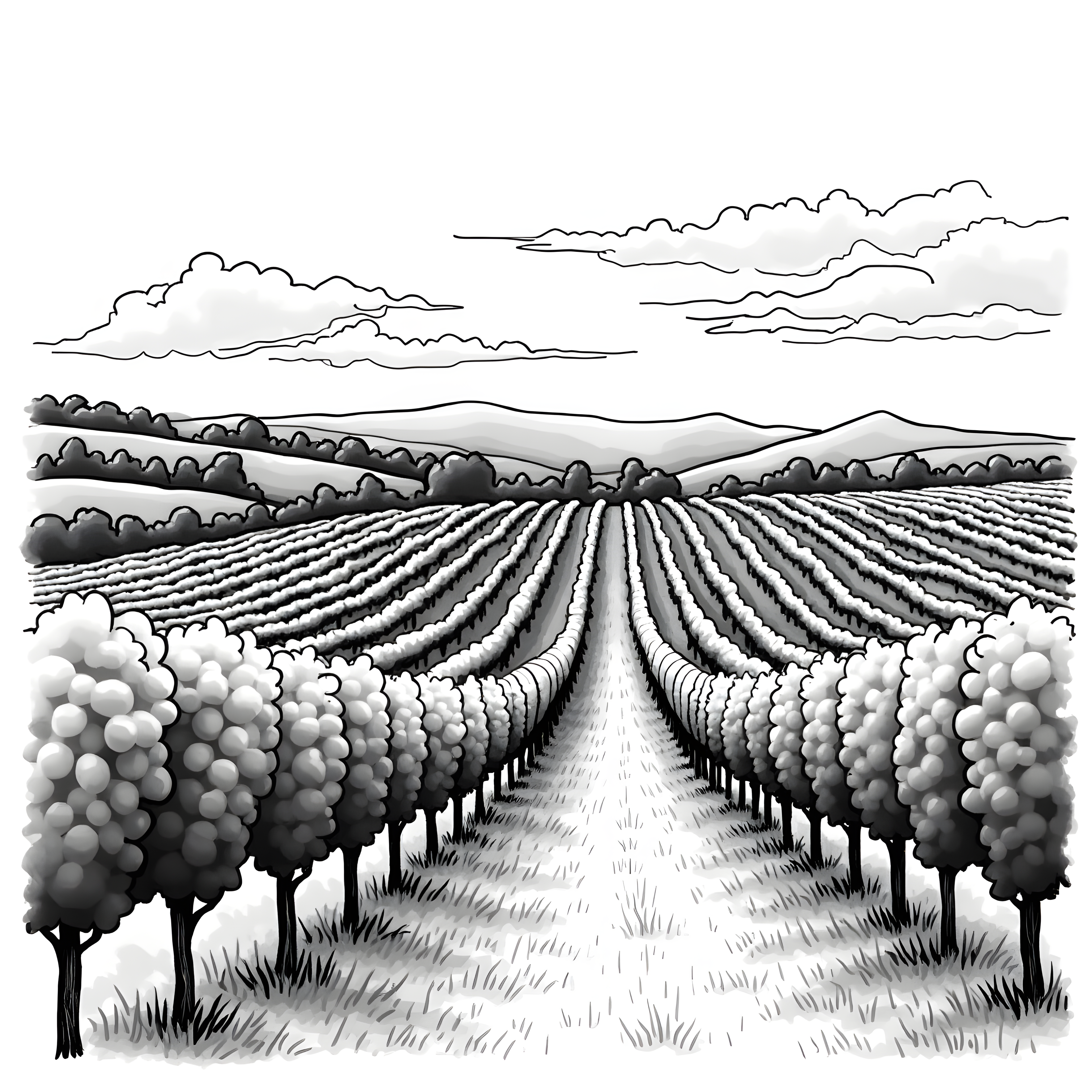 Vineyard Rows Line Art Landscape Wall Art