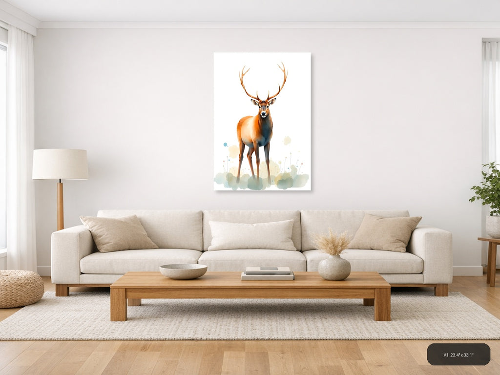 Majestic Deer with Antlers Watercolor Portrait Wall Art — A1 / Living Room