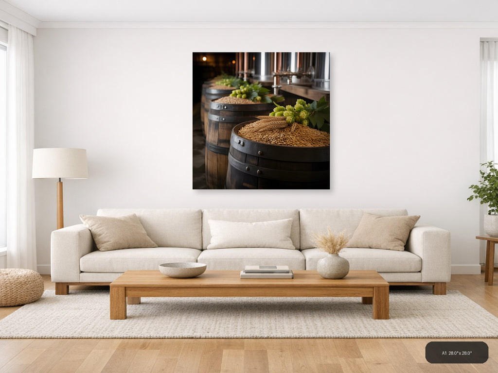 Brewery Barrels with Hops and Grain Photography Wall Art — A1 / Living Room
