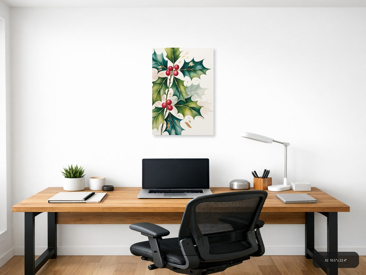 Holly Berries & Flowers Watercolor Portrait Wall Art — A2 / Office