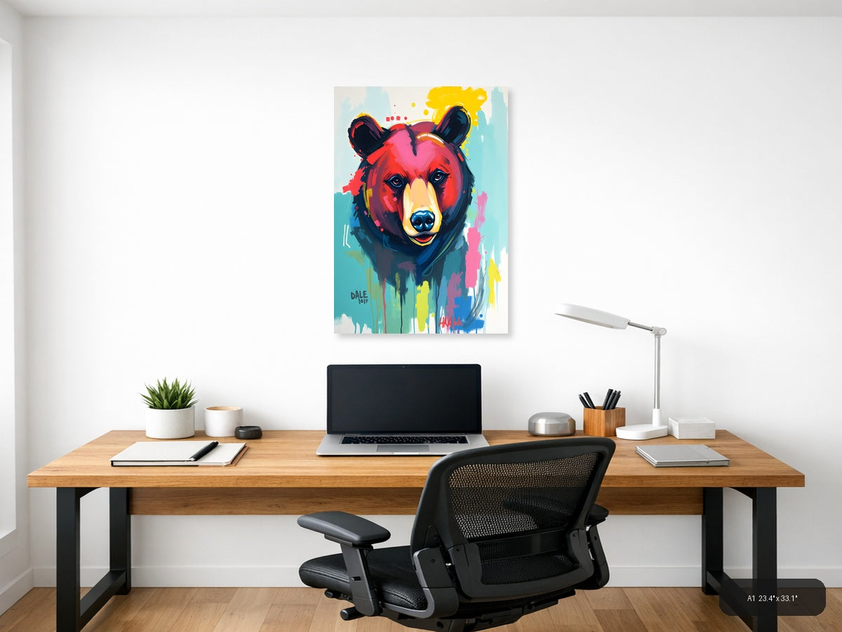 Colorful Abstract Bear Portrait Pop Art Wall Art — A1 / Office