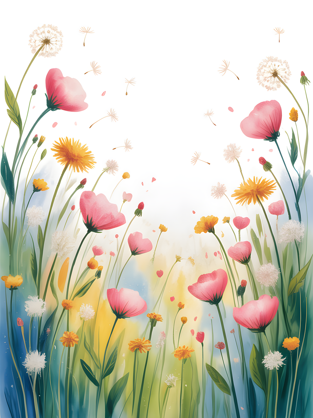 Pink Wildflowers & Dandelions Watercolor Wall Art