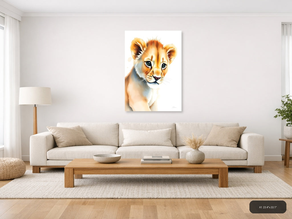 Young Lion Cub Watercolor Portrait Wall Art — A1 / Living Room