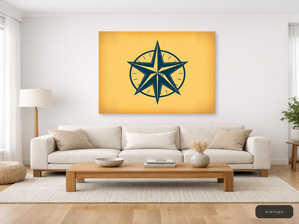 Vintage Nautical Compass Star Navy Blue Wall Art — A1 / Living Room