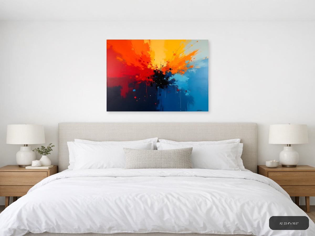 Abstract Explosion Blue Orange Red Splatter Wall Art — A2 / Bedroom