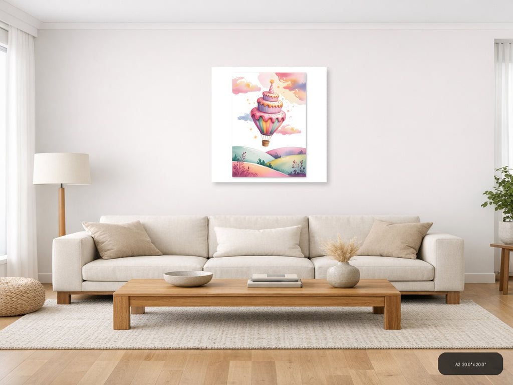 Hot Air Balloon Cake Cloud Watercolor Wall Art — A2 / Living Room